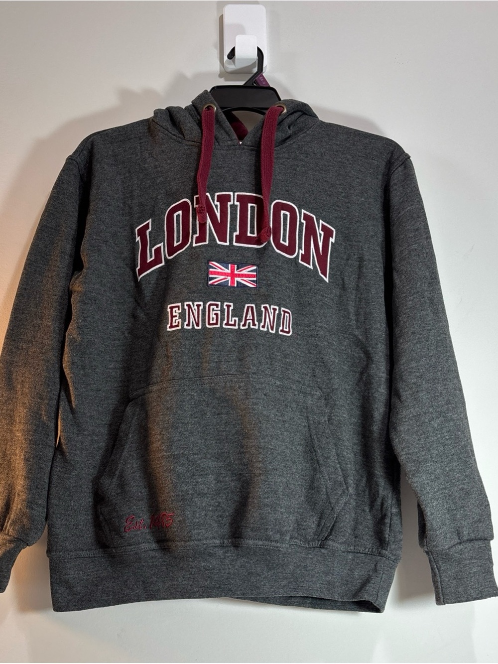 London England Hooded Sweatshirt - Dark Gray with Maroon Accents. 1141
